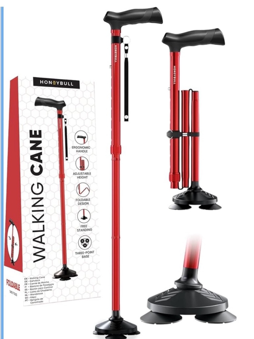 HoneyBull Red Adjustable Folding Walking Cane with 3-Point Base